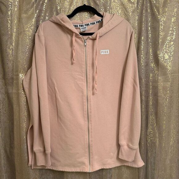 PINK Victorias Secret Light Pink Side Slit Long Zip Hoodie Oversized Medium - Picture 1 of 8